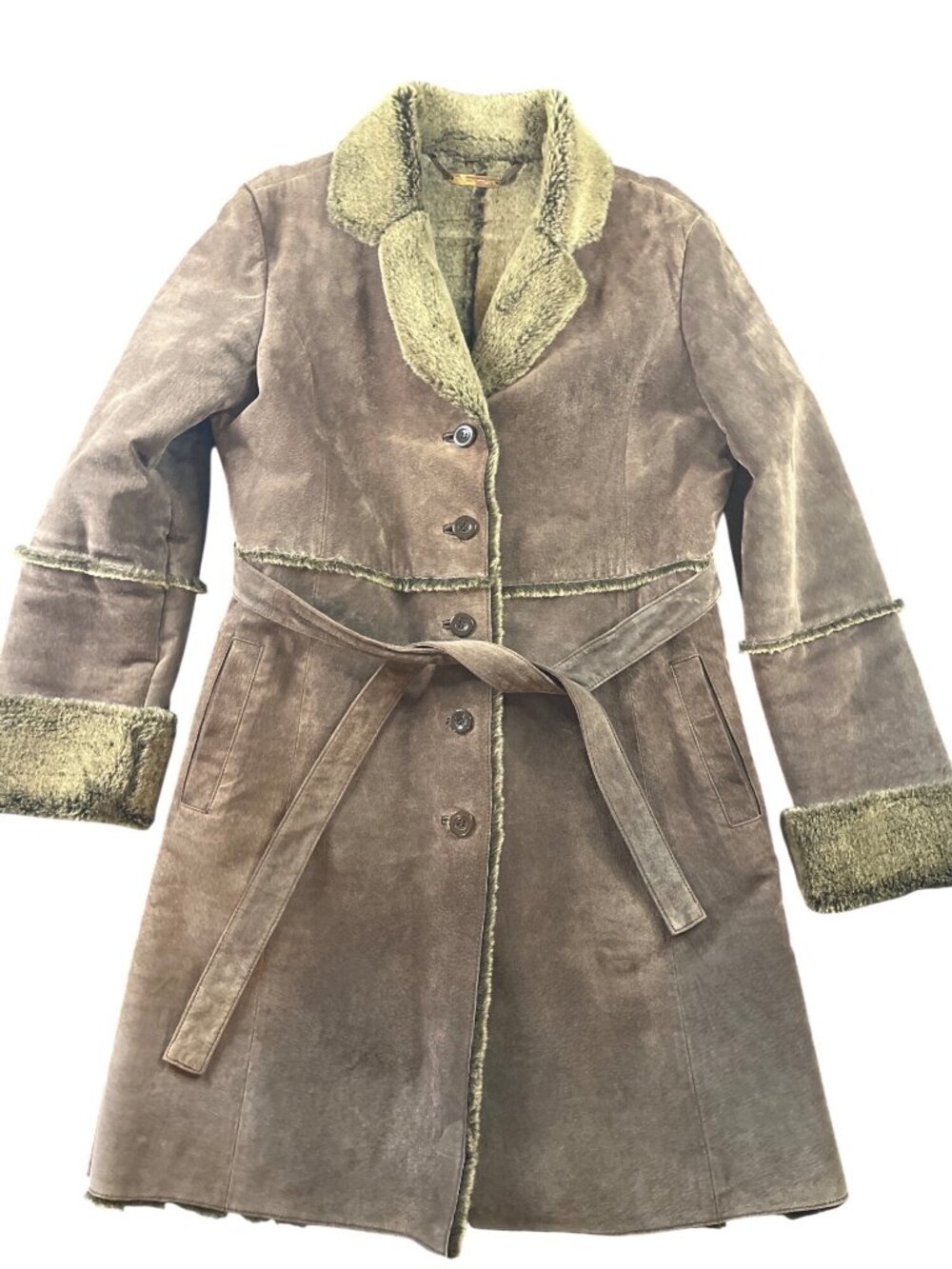 VTG women’s L Mid-Length brown Suede Leather penny Lane Belt & Button-Down coat